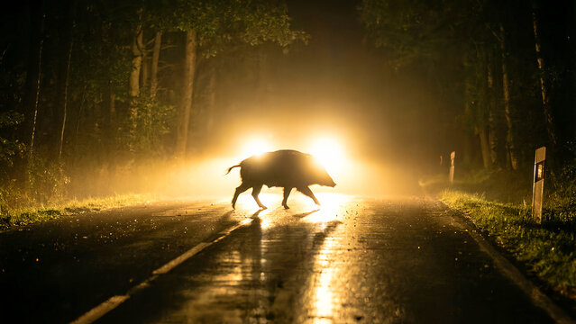 Dramatic nighttime photograph captures the silhouette of a wild boar crossing a wet, illuminated forest road directly into bright vehicle headlights.