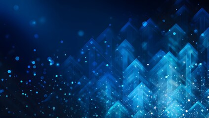 Abstract shimmering blue bokeh lights forming upward pointing arrow shapes and scattered particles against a dark background creating a sense of movement and energy