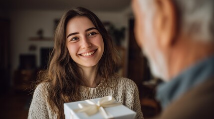 Happy young woman receiving a present from an older person, representing family kindness