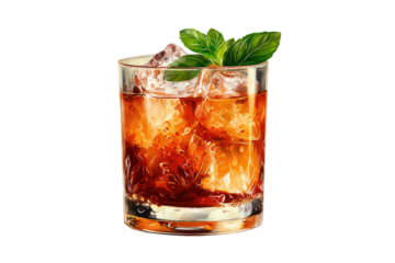Iced drink in glass, basil garnish
