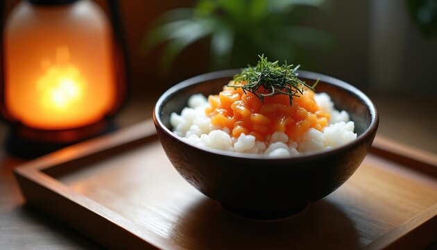Close-up photo of mentaiko on white rice in dark bowl. Warm lantern light illuminates traditional japanese dish with nori garnish. Rustic wood tray adds to zen mood.