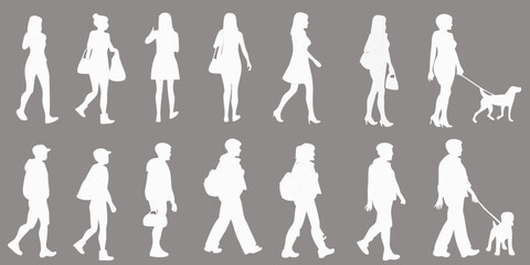 Silhouettes of people and a dog in various walking poses against a gray background