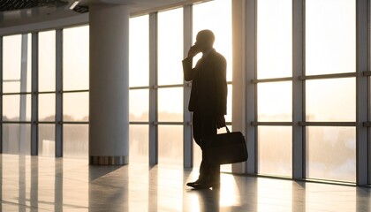 Fototapeta premium Confident male entrepreneur in suit using mobile phone in modern office corridor with dramatic bright backlighting