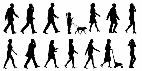 Silhouettes of diverse people walking including a child with a dog