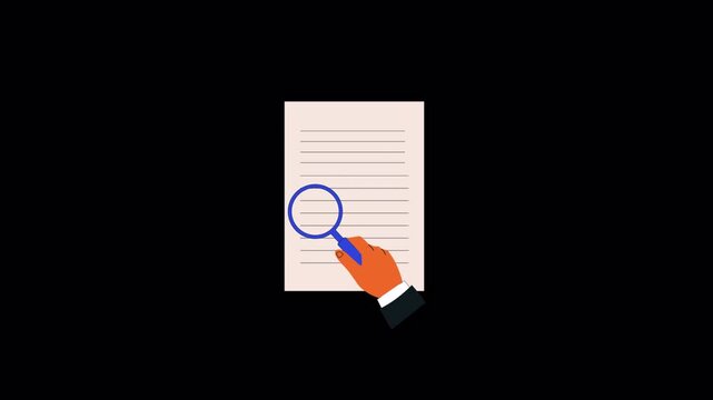 Hand Reviewing Document with Magnifying Glass Animation Video - Transparent