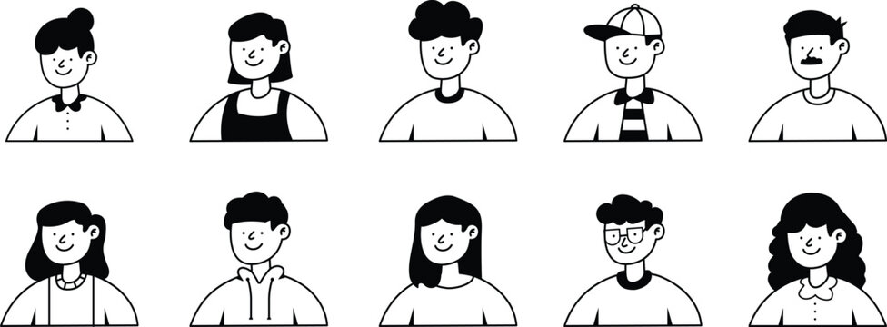Black and White Avatar Portrait Set of Diverse People
