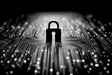 Dark gradient cybersecurity graphic with lock silhouette built from circuit lines
