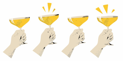 Four hands holding up filled champagne coupes with celebratory bursts