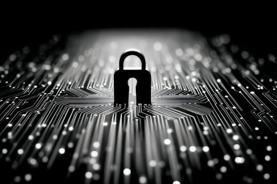 Dark gradient cybersecurity graphic with lock silhouette built from circuit lines - Powered by Adobe