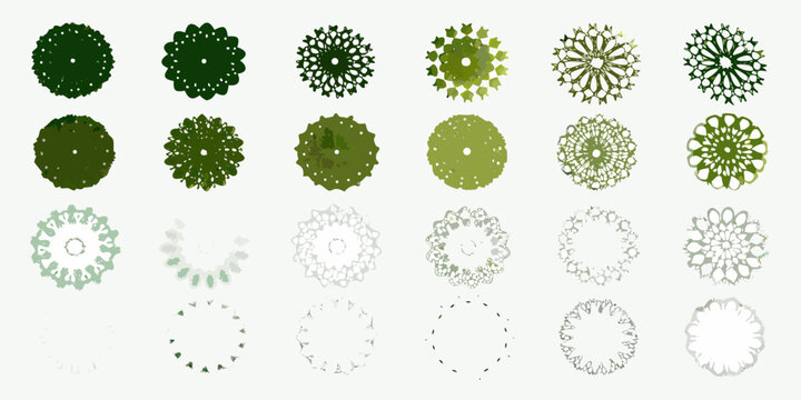 A collection of unique circular tree canopy designs in varying shades of green