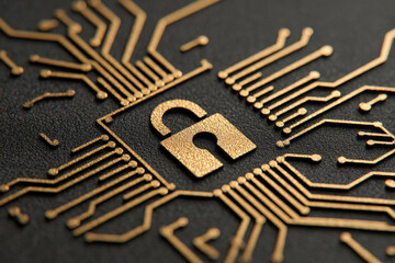 Gold circuit traces forming padlock icon on black gradient, digital payment security