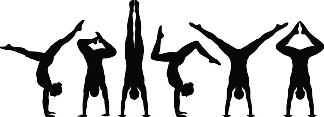 Set of Female Gymnast Silhouettes Performing Various Handstands and Acrobatics Poses, Isolated on White Background for Sports, Fitness, and Gymnastics Graphic Design,