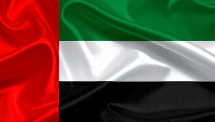 Flag of the United Arab Emirates with vertical red stripe and horizontal green, white, and black bands