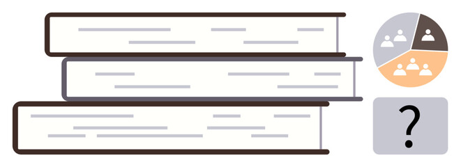 Stacked books symbolize education and knowledge pie chart with user icons adds data visualization, question mark represents inquiry. Ideal for learning, research, decision-making, problem-solving