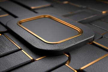 Dark fintech background with layered graphite panels and gold seams forming vault outline