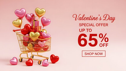 Valentine's Day shopping cart filled with heart balloons and gift boxes with a special offer up to 65% off