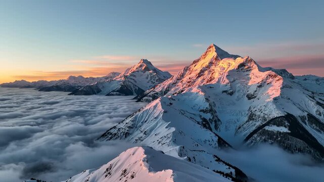 Striking compositional shot where sharp snowy mountain peaks pierce through a thick layer of soft, seamless cloud fog during the peaceful winter sunrise contrast, wilderness, layers