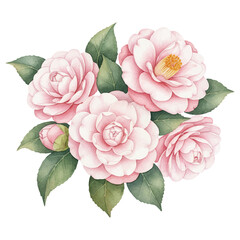 Pink camellia flowers bouquet with green leaves isolated on white background. Elegant floral composition for wedding invitations, beauty branding. Botanical spring blossoms nature element.