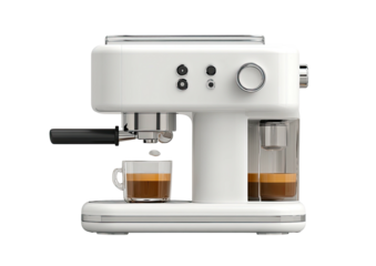 White espresso maker brewing into glass cup, side view