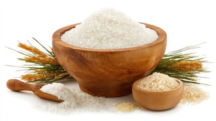 Fresh White Rice in Wooden Bowls with Green Spikes and a Spoon on a Clean White Background