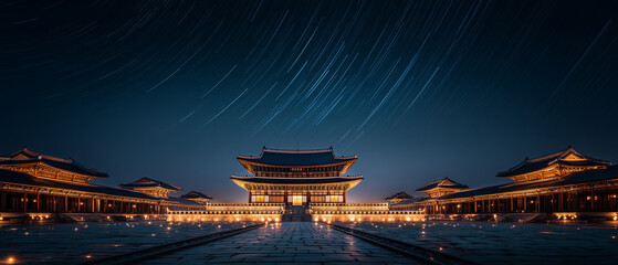 korean palace at night, star trail night sky, traditional architecture night, seoul