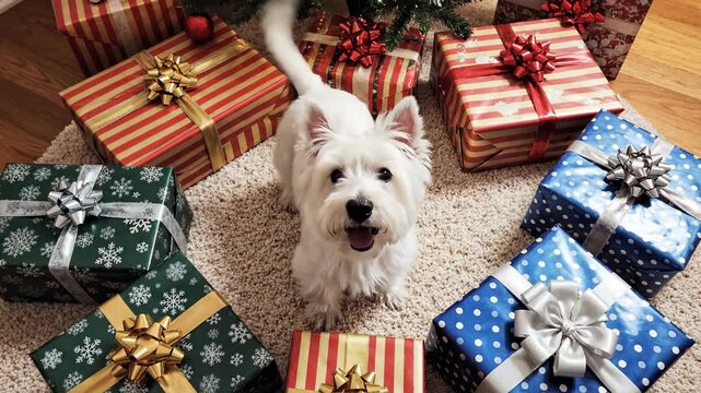 Striking high angle top down view of a playful West Highland Terrier sitting obediently surrounded symmetrically by multiple patterned holiday presents geometry, mammal, commercial