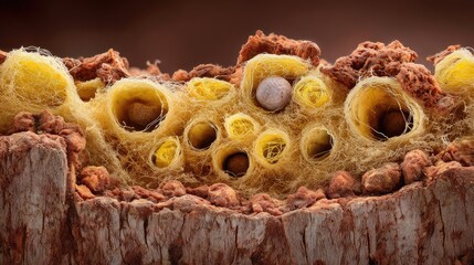 Close-up of a Nature Macro Shot Revealing Intricate Structures Within a Decaying Wood Environment