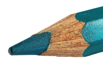 Close-up sharpened teal pencil tip; wood grain visible