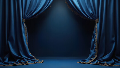 Deep blue velvet curtains with gold trim framing dark background. Fabric drapes elegantly creating soft waves, folds. Rich textile suggests luxury, sophistication. Use for theater stage backdrop
