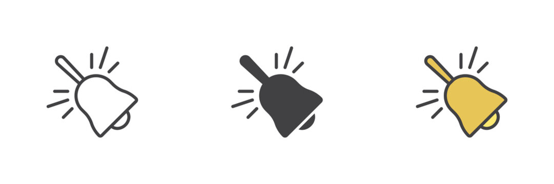 School bell line, solid and colorful different style icon set pack