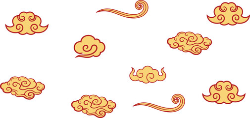 Fototapeta premium Oriental cloud patterns in yellow and red design elements on a white background for design and decoration