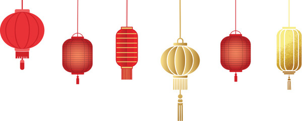 Red and Gold Chinese Lanterns Hanging for Decoration Celebration or Festival Design Element on White Background