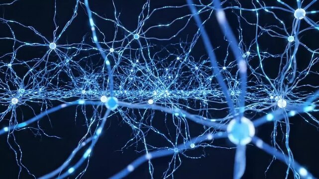 Glowing blue neurons connect in complex neural network