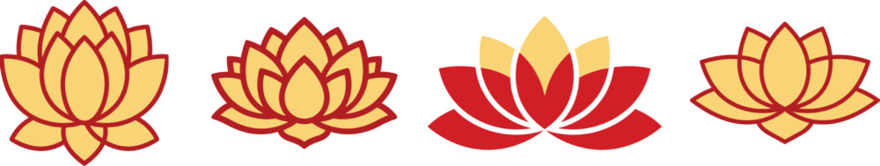 Lotus Flower Design Set in Red and Gold Colors Abstract Floral Elements Isolated on White Background for Decoration and Design