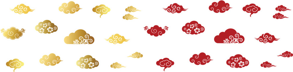 Golden and Red Asian Cloud Chinese New Year Decorations on White Background Decorative Design Elements for Digital Art and Graphic Design