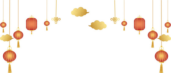 Chinese New Year Decorations with Lanterns and Golden Clouds Festive Holiday Background on White Ideal for Greetings Cards and Celebration Designs