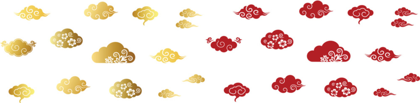 Golden and Red Asian Cloud Chinese New Year Decorations on White Background Decorative Design Elements for Digital Art and Graphic Design