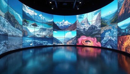 Curved wall with many screens showing diverse mountain and water landscapes. Digital screens display nature scenes in a modern, futuristic gallery or studio space. Technology merges with art.