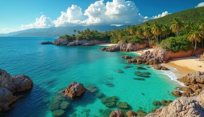 Fototapeta premium Sunny Mexican coastline with clear turquoise ocean water lapping sandy beaches. Rocky coves, green hills dotted with palm trees create serene tropical paradise panorama. Blue sky with fluffy clouds