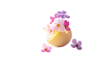 Cracked Easter egg releasing glowing spring flowers and light, isolated on transparent background, magical Easter concept.