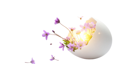 Cracked Easter egg releasing glowing spring flowers and light, isolated on transparent background, magical Easter concept