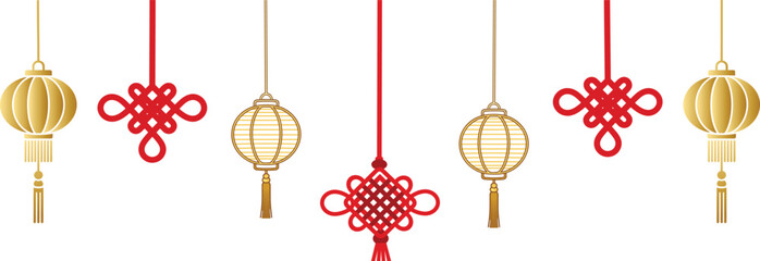 Chinese New Year decorations with hanging lanterns and red knots isolated on white background festive season design concept