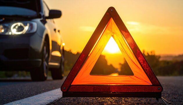 Disabled vehicle with hazard triangle, sunset, roadside, safety