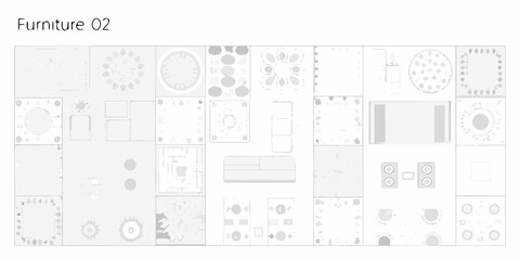 A collection of furniture layouts and designs presented in a minimalist schematic style