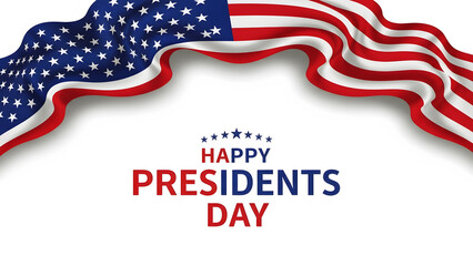 Waving American Flag with Happy Presidents Day Text and Stars on White Background Keywords: American flag, USA, United States, flag, stars and stripes, red, white