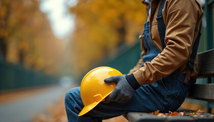 Construction worker with yellow hard hat rests outdoors on bench during autumn. Fall season colors, fallen leaves, outdoor park setting add warmth. Man wears work clothes, gloves, holding safety gear.