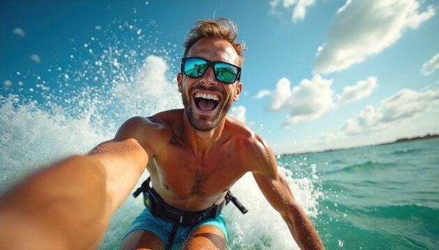 Man kitesurfs on ocean wave, splashing water. He smiles broadly, enjoying extreme sport and water fun. Rider experiences active freedom and speed on windy day.