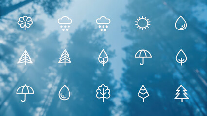 Climate adaptation strategy. Climate adaptation icons set against blurred forest background, featuring trees and weather symbols
