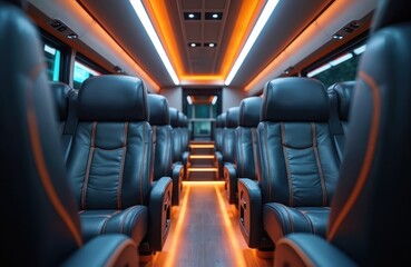 Luxury bus interior shows rows of comfortable leather seats. Orange LED lights glow along floor and ceiling. Empty vehicle awaits passengers for travel.