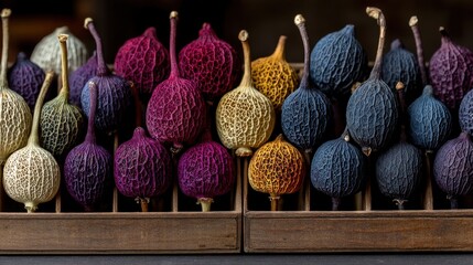 A close-up view of a collection of colorful, textured figs arranged in wooden compartments, showcasing a spectrum of rich hues and intricate patterns.